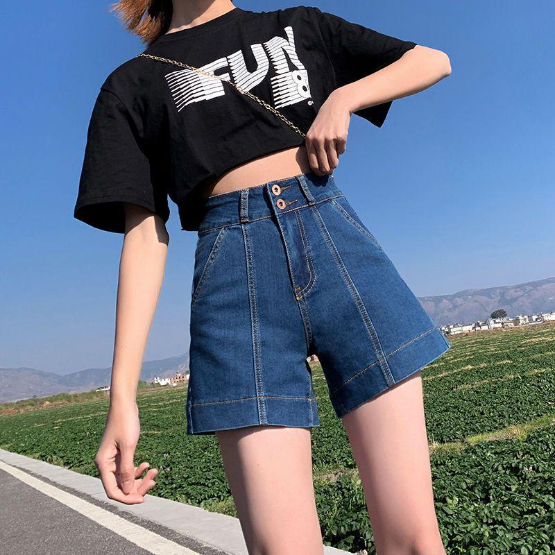 

Женские джинсовые шорты А-силуэта большого размера с высокой посадкой белого цвета - Летние эластичные с широкими штанинами 27 синий