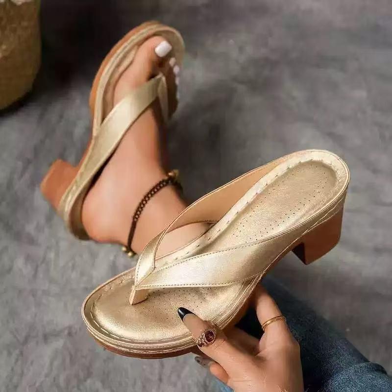 Summer Women's High Heel Shoes Designer Open Toe Flip Flops Fashion Pinch Toe Thick Heeled Sandals Women Slides Sandalias Mujer