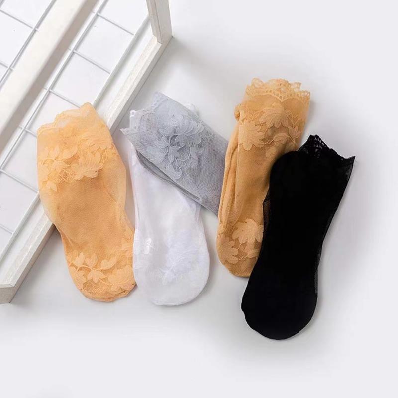 Ladies Invisible Lace Socks Thin Boat Socks Hollow Non-slip Transparent Rose Socks