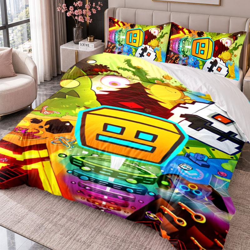 Geometry Dash 3Pcs Bedding Set Duvet Cover With Two Pillowcases For Bedroom Home Decoration