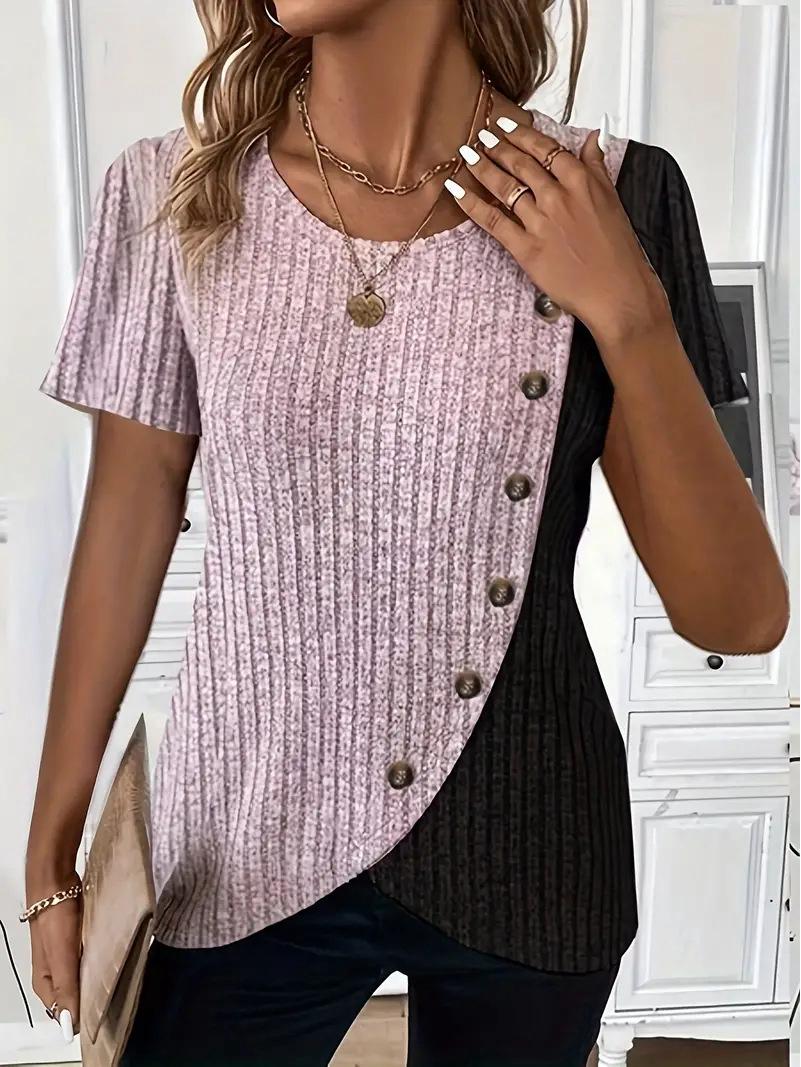 

Летняя футболка 2024 года с цветными блоками, в рубчик, с круглым вырезом (Европа и Америка) X-Large розовый