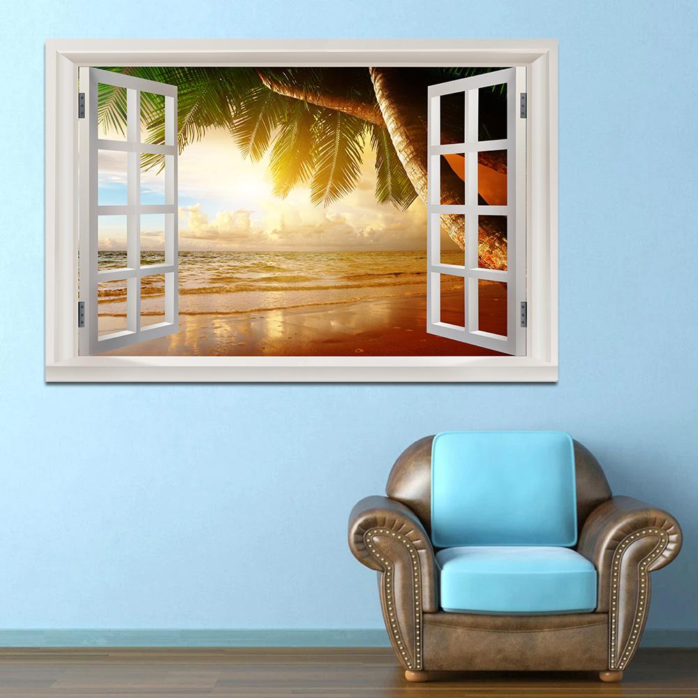 3D Window View Wall Art Beach Summer Beach Coconut Tree Wall Murals Print Art Canvas Poster For Living Room Pictur