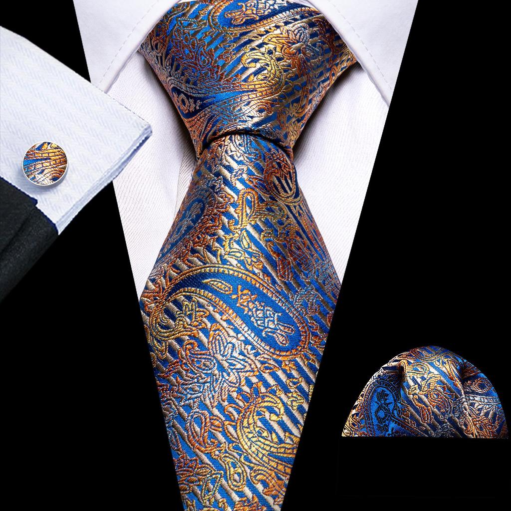 Barry.Wang Necktie Hankerchief Cufflinks Set Black Green Striped Jacquard Woven Wedding