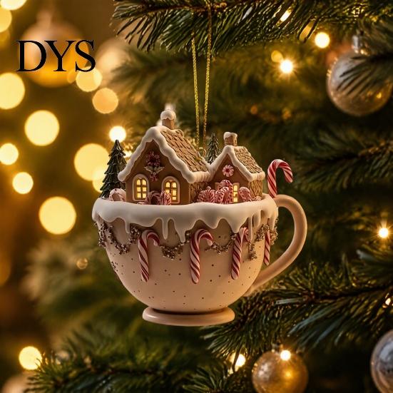 Lightweight Key Chain Accessories 2Pcs Fairy Tale Coffee Cup Snow House Christmas Ornaments, Double-sided Acrylic Gingerbread Tree Decor Hanging