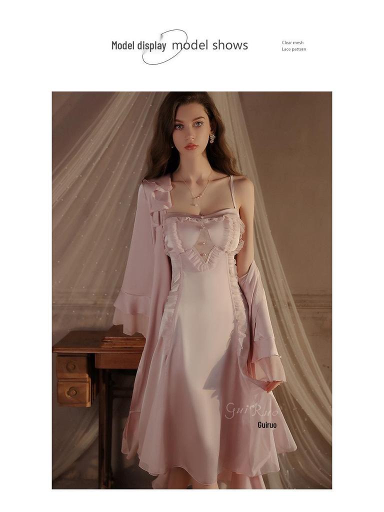 Rose Sweet Lingerie Set: Padded Camisole Dress with Tie-Front Robe