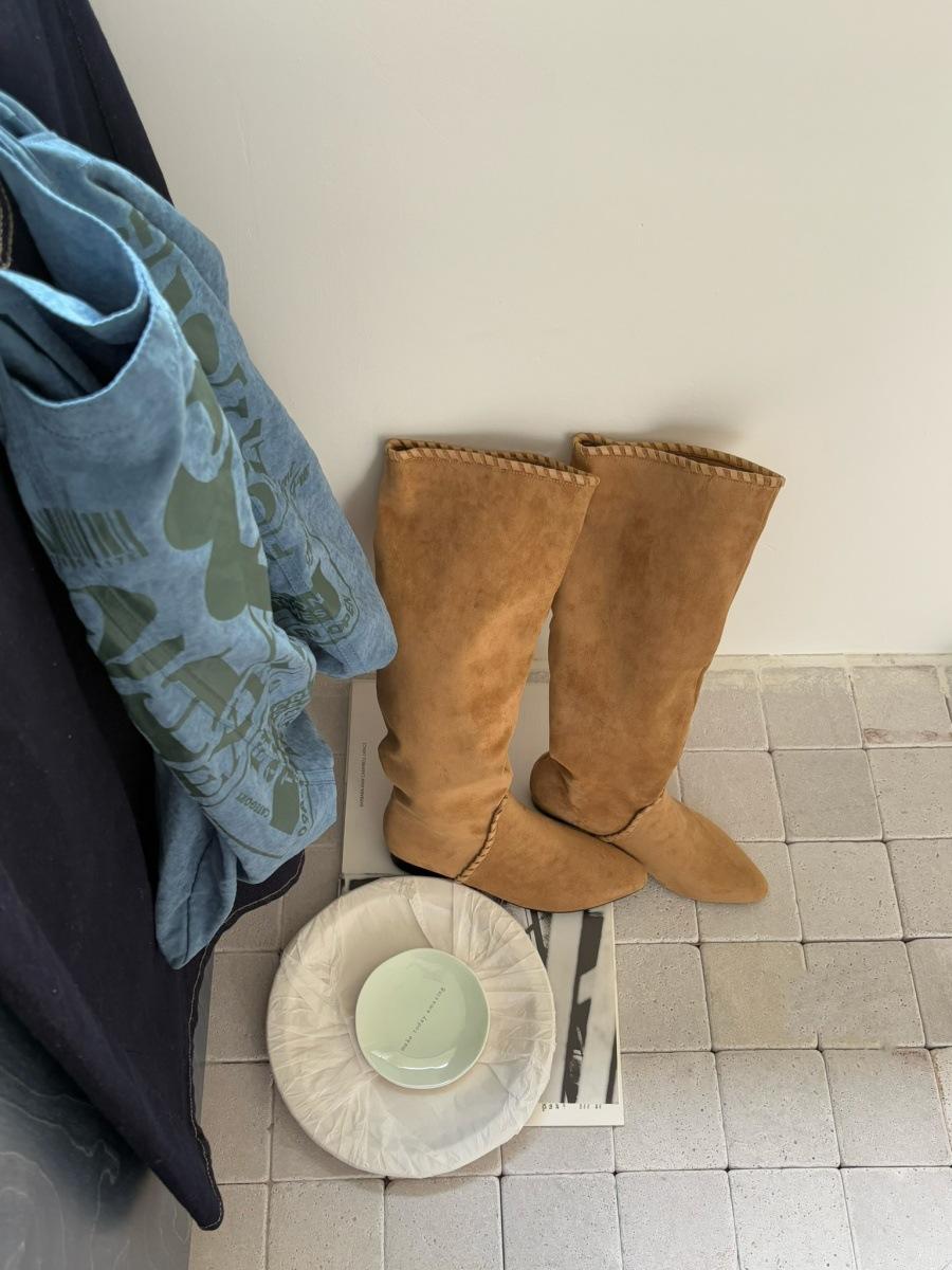 

Fashion cowhide tall lazy stack boots autumn and winter new retro Maillard western knight boots women 39 хаки