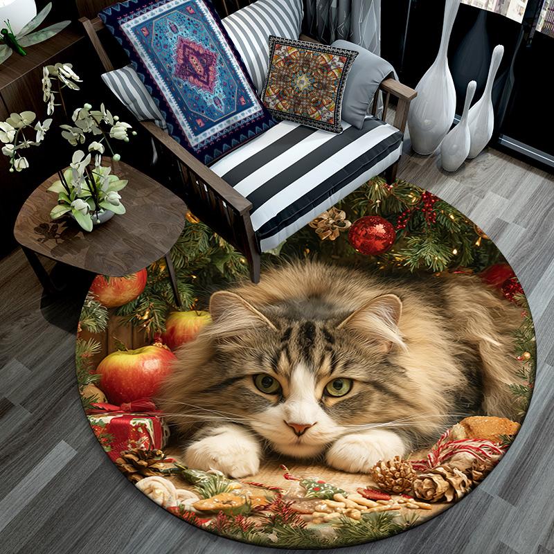 Christmas cat pattern round rug,Carpet Rug for Living Room Bedroom Playroom ,Non-slip Floor Mat,Holiday Gifts and Birthday Gifts.