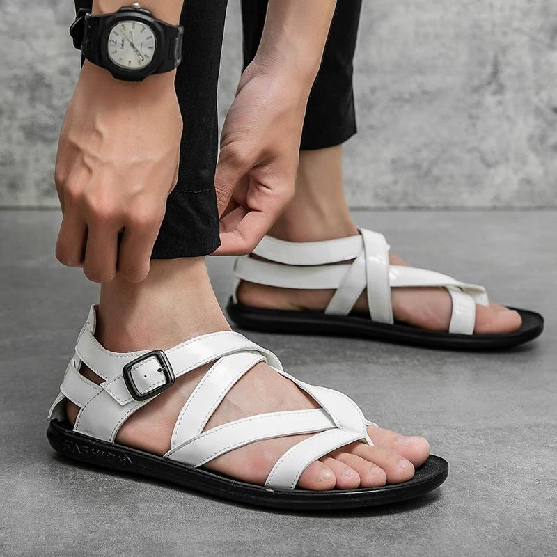 Hot sale Luxury Men’s Leather Sandals Summer Designer Roman Gladiator Sandals Man Black Flat Sandals For Men Beach Flip Flops
