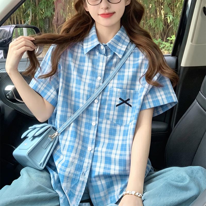 ZANZEA Women Grid Print Casual Turn Down Collar Short Sleeve Blouse