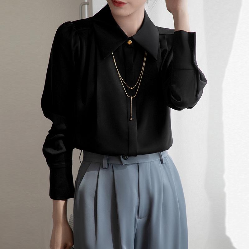 Women's 2025 Spring Satin Long-Sleeve French Drape Shirt for Professional Interviews