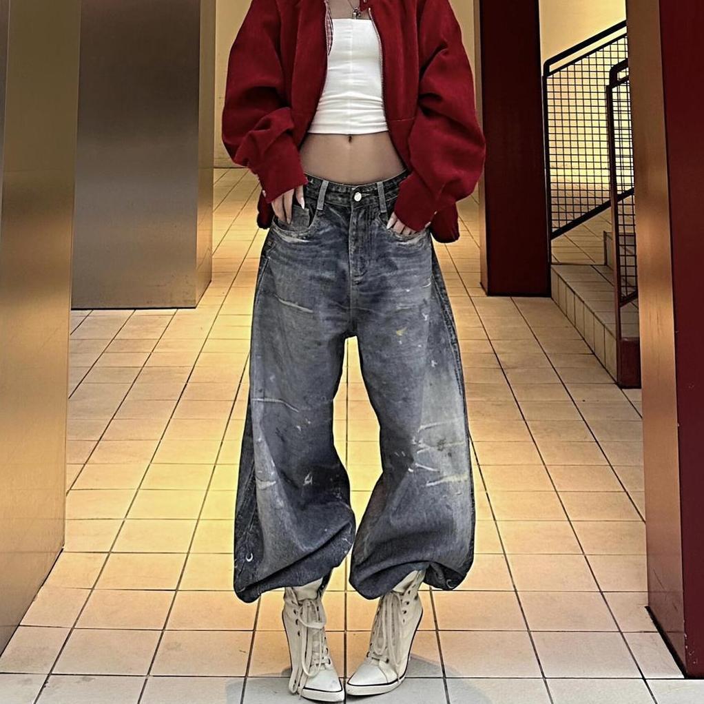 

Plus Size Retro Distressed Scimitar Print Wide-Leg Jeans for Women 4XL (170-200 jin recommendation) синий