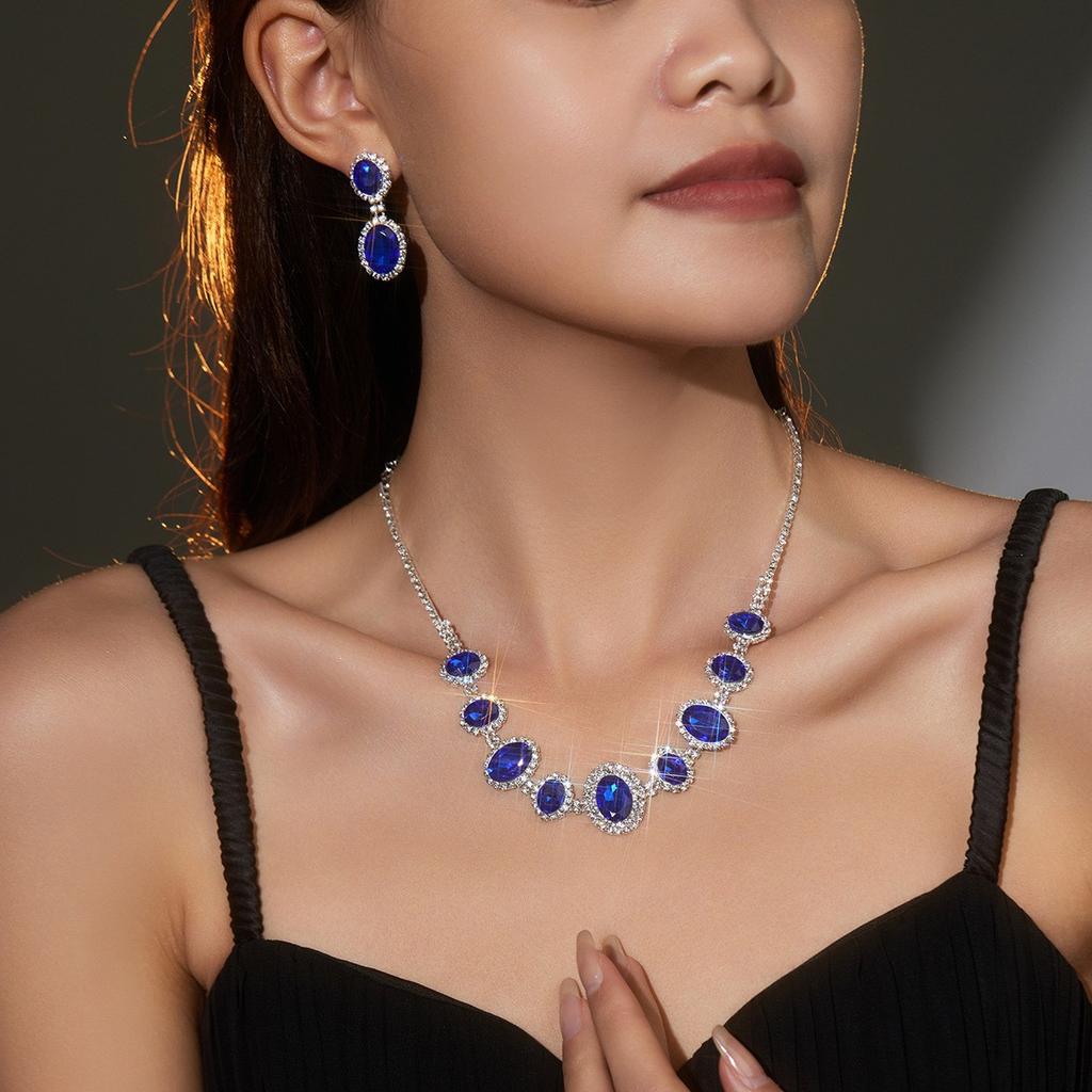 Exquisite Luxury Rhinestone Necklace Earrings Set, Fashionable Zircon Necklace Earrings Two-piece Set