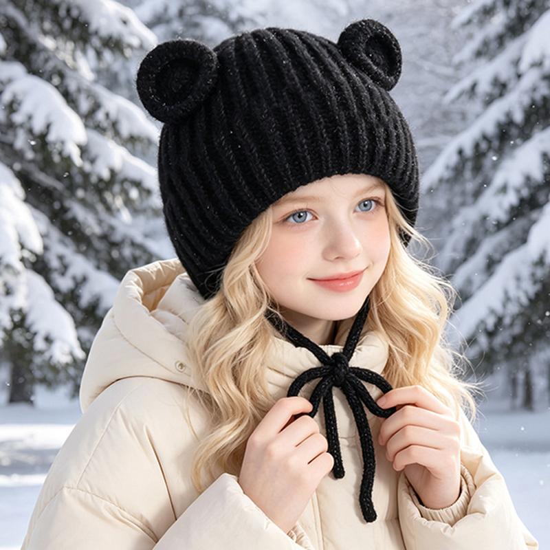Cute Baby Bear Ear Knit Hat with Tie Strings Warm Winter Bonnet for Infants Toddlers Soft