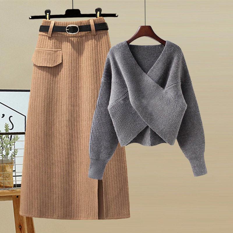 Women's Autumn Korean-Style Slimming Sweater and High-Waist Midi Skirt Set, G Size, 2025 Collection