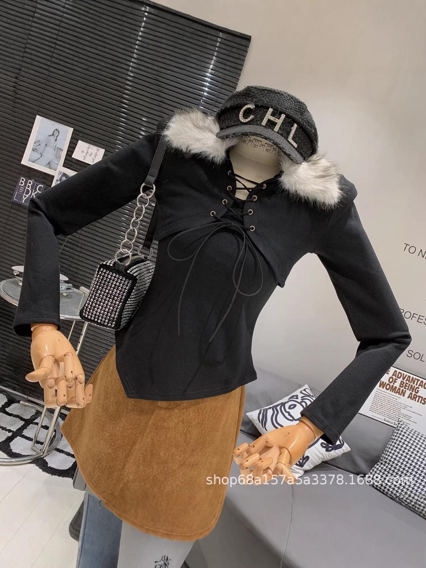 Chic Hollow Lace-up Fur Patchwork Long Sleeve Women s T-shirt - 2025 Autumn/Winter Collection Small серый