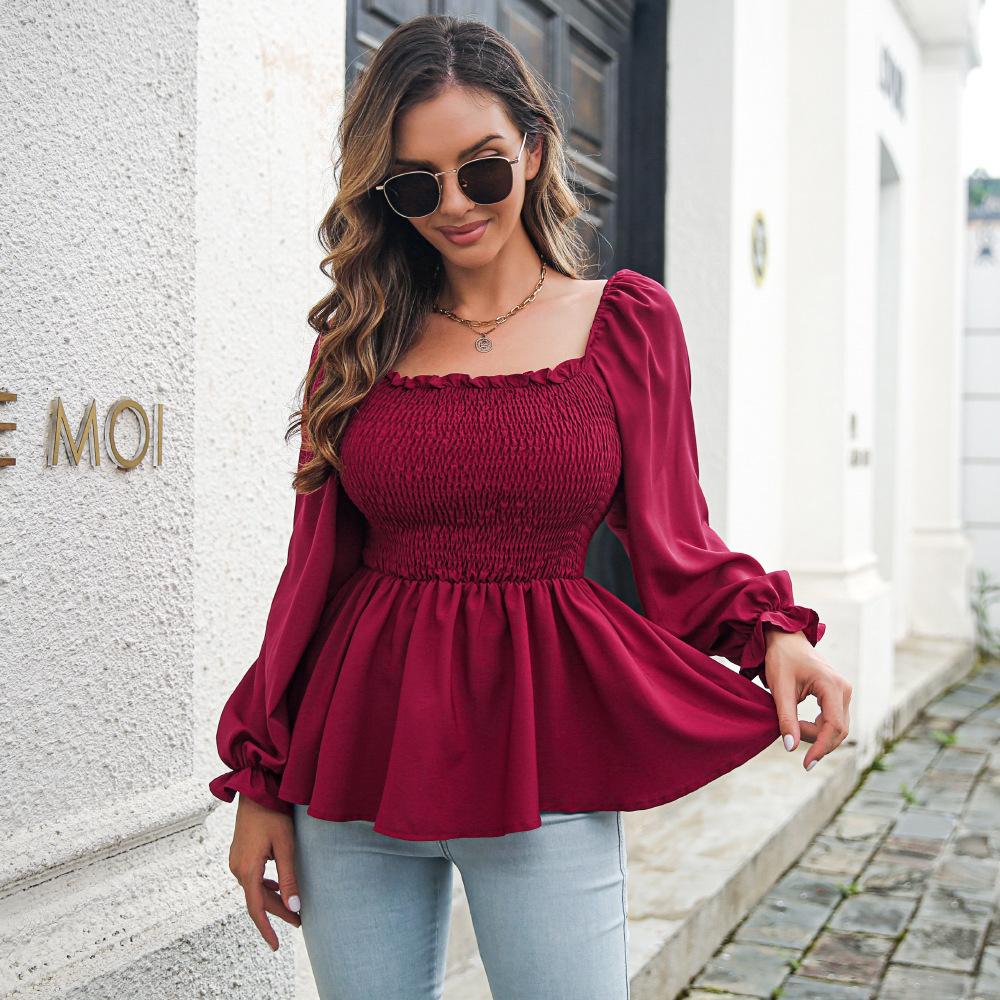 Fashion Blouses for Women Puff Long Sleeve Shirts Square Neck Cute Casual Smocked Tunic Tops