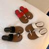 Cowhide Version~ Summer New Metal Buckle with Sleeve Toe Flip-flops Flat Bottom Outer Wear Toe Sandals Slippers Women