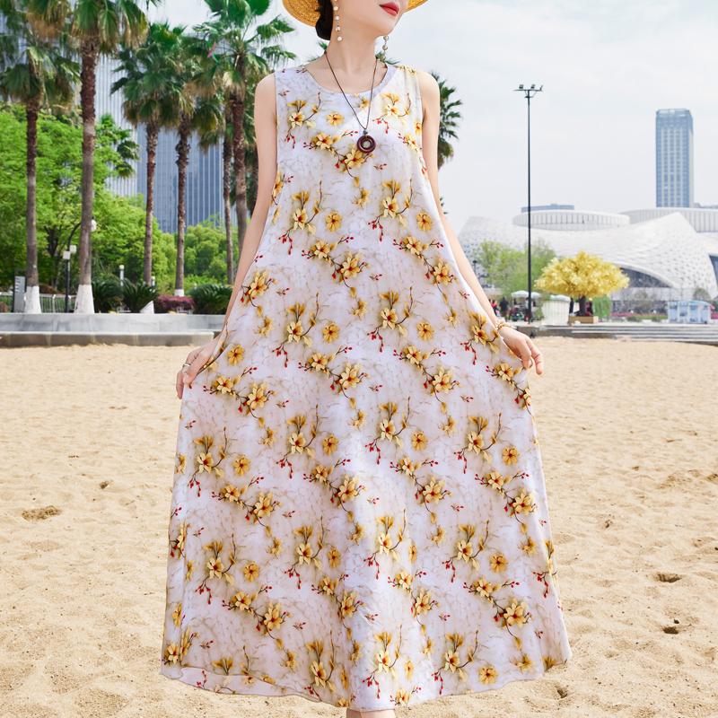 Elegant Sleeveless Dress Summer Fashion Casual Loose Vintage Print Long Dresses for Women Summer Clothes