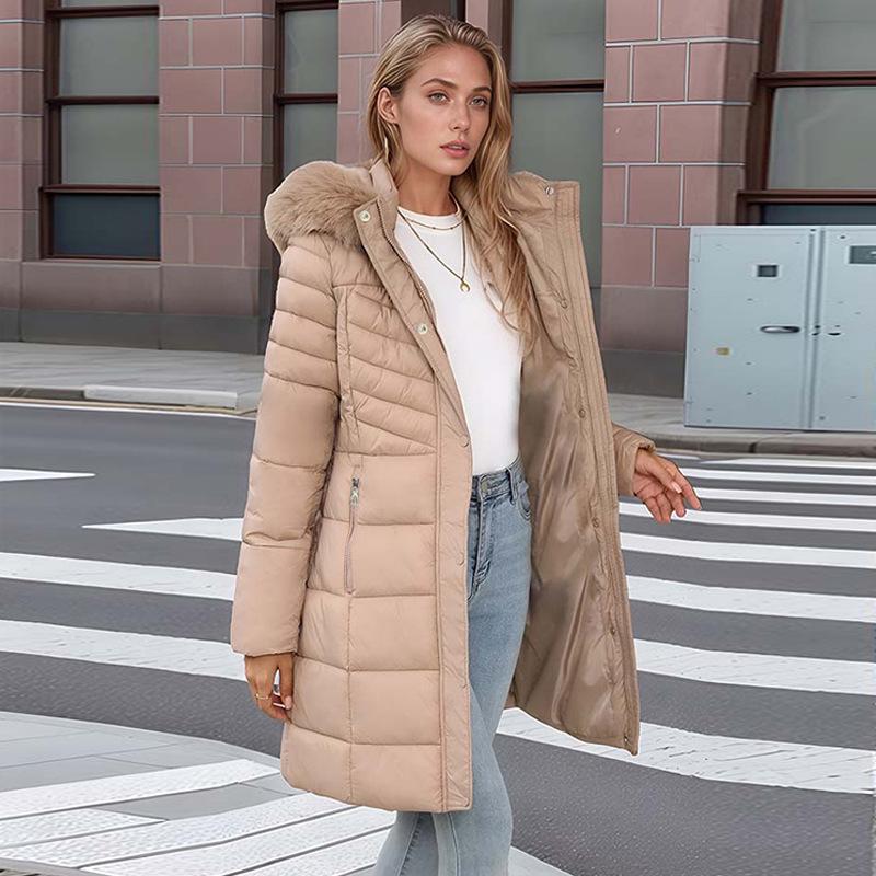 Women's medium and long cotton-padded clothes, thickened large size cotton-padded clothes, slim-fitting fashionable winter clothes, large fur collar