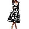A Fashionable Mid-Sleeved Mid-Length Dress With Floral Prints And A Sexy V-Neck