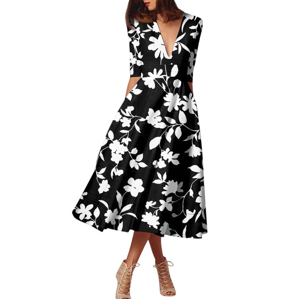 A Fashionable Mid-Sleeved Mid-Length Dress With Floral Prints And A Sexy V-Neck