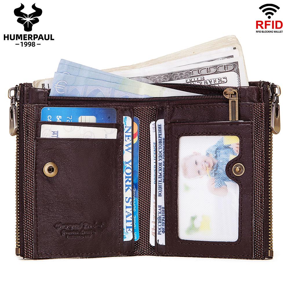 Humerpaul Genuine Leather Bifold Wallet For Men Slim RFID Blocking Credit Card Holder Credential Purse Zipper Coin Purse Male Money Bag