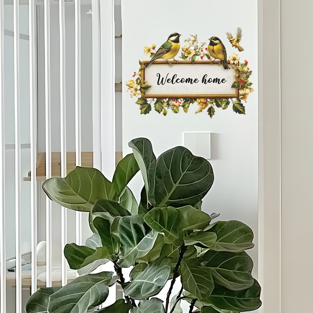 Hand Painted Floral Welcome Sign with Hummingbird Door & Wall Sticker for Living Room Home Decor Self-Adhesive Removable Decal