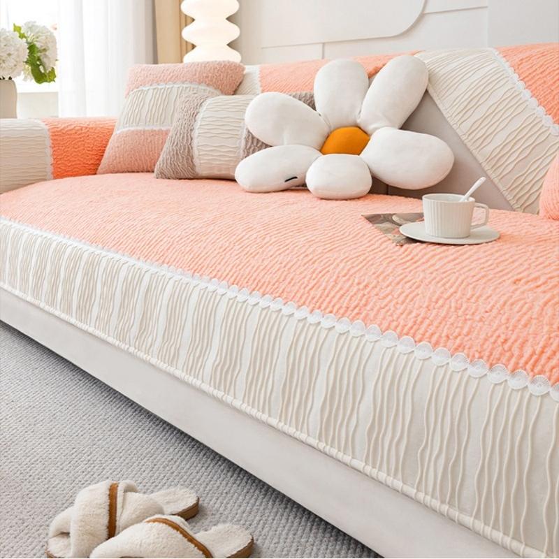 Klassische Streifen Webmuster Sherpa Sofabezug, Winter Rutschfeste Sofasitzbezüge für Wohnzimmer Sofa Handtuch Möbel Dekor 70x70cm