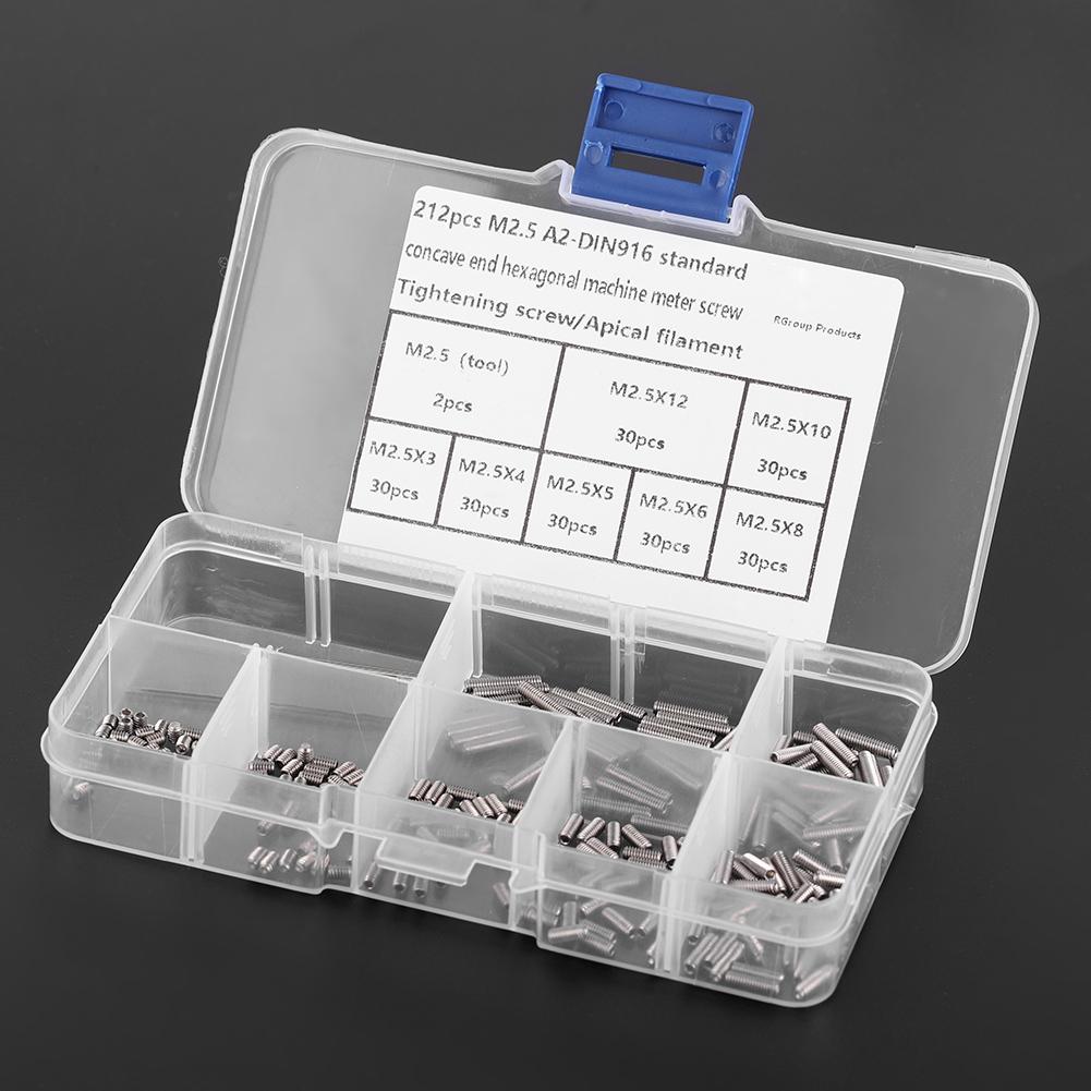 212Pcs Set Screws Stainless Steel M2.5 A2 DIN916 Inner Hex Concave End Tighten Fasteners