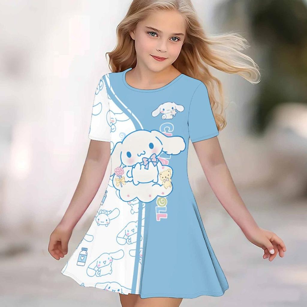 Girls 3D Print Dresses Kids Girl Party Short Sleeve Princess Dress Tank 3D Cute Cartoon Print Dress