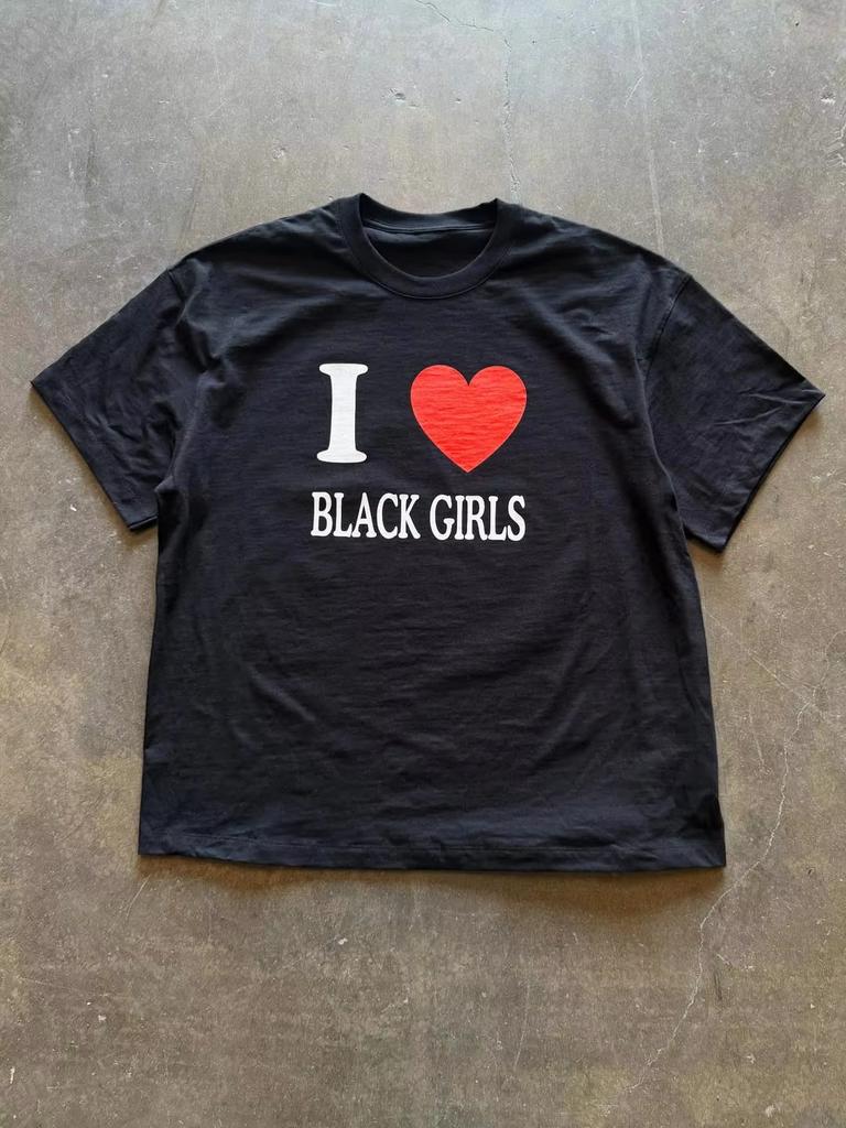 Summer Solid Color Simple Letter Heart-shaped Cartoon Printed Short Sleeved Street Hip-hop Plus Size Retro Design O-neck T-shirt