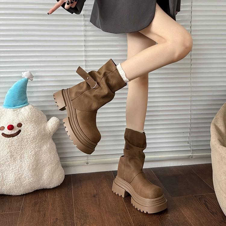 [Fanfna] 2025 autumn new Maillard Martin boots women's British style retro round head thick-soled trousers boots