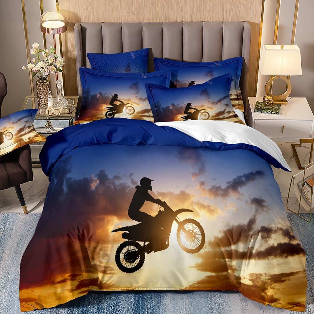 Single Duvet Cover Set for Kids Boys Teen Motorcycle 3D Off-road Printed Bedding Set Duvet Cover, Luxurious Bedroom Decoration