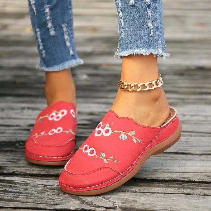 Fashion Women's Baotou Slippers Spring New Round Head Deep Embroidery Soft Sole Anti-slip Wear-resistant Flat Shoes