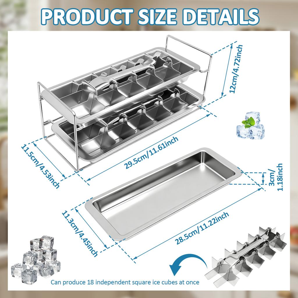 2 Layer 36 Slot Stainless Steel Ice Cube Tray Removable Ice Cube Maker Mold for Cocktail, Coffee Fruit Juice Drink