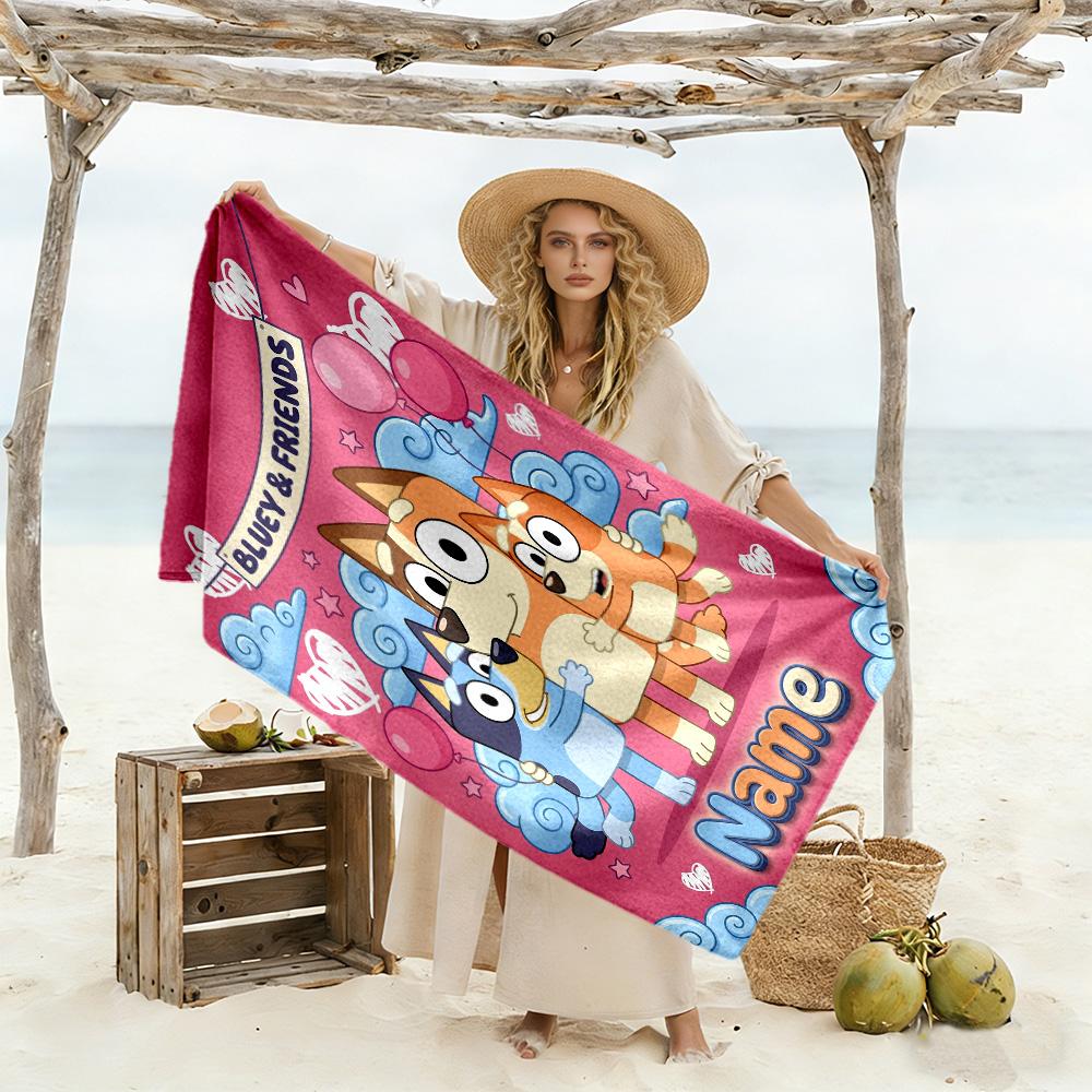 Bluey Friends Adventure Customized Name Beach Towel Quick-Dry Soft Microfiber Perfect for Traveling Yoga Camping and Swimming