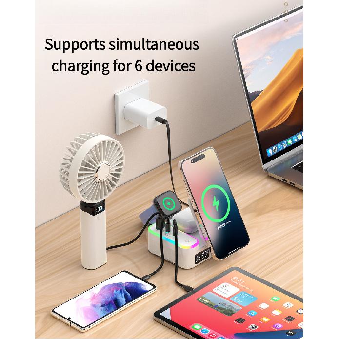 8 in 1 Magnetic Wireless Charger Retractable USB-C Cable RGB Ambient Light Alarm Clock Multi-Device Desk Station