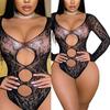 Damski Monokini z Długim Rękawem i Wycięciami z Siateczki Fishnet, Bez Pleców, Prześwitujące Siatkowe Body, Rajstopy Bielizna Piżama Ubrania Klubowe