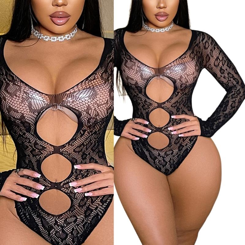 Damski Monokini z Długim Rękawem i Wycięciami z Siateczki Fishnet, Bez Pleców, Prześwitujące Siatkowe Body, Rajstopy Bielizna Piżama Ubrania Klubowe