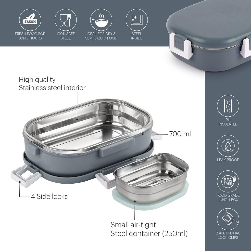 Insulated Steel Lunch Box For Kids School Picnic Use With Leak Proof Lid And Veg Box In Grey With 700ml Capacity