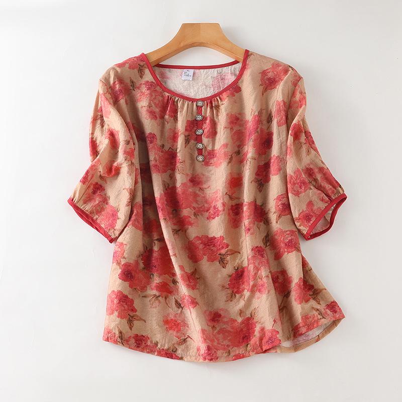 Chinese Style Tencel Cotton Short-Sleeved Top: Soft, Comfortable, and Breathable Pajamas for Middle-Aged and Elderly Women