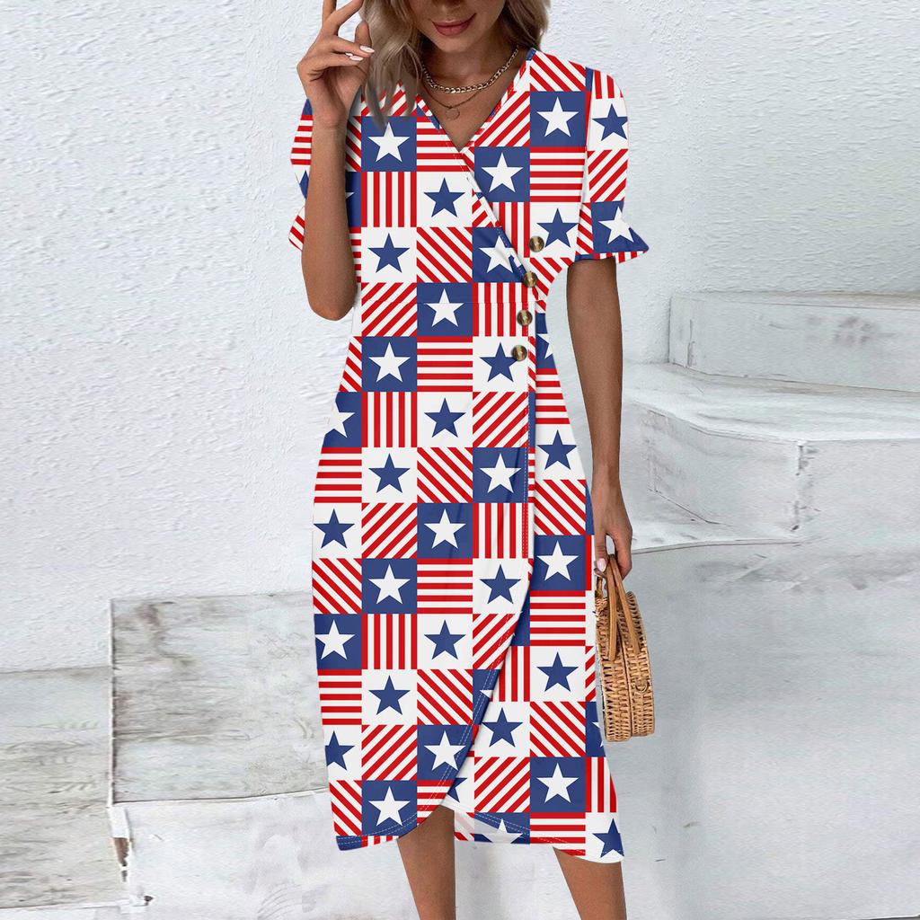 Strandkleider für Damen Frühling Sommer Elegant Wickel V-Ausschnitt Unabhängigkeitstag Print Kleid Fließend Gerafft Hawaiianisches Maxikleid