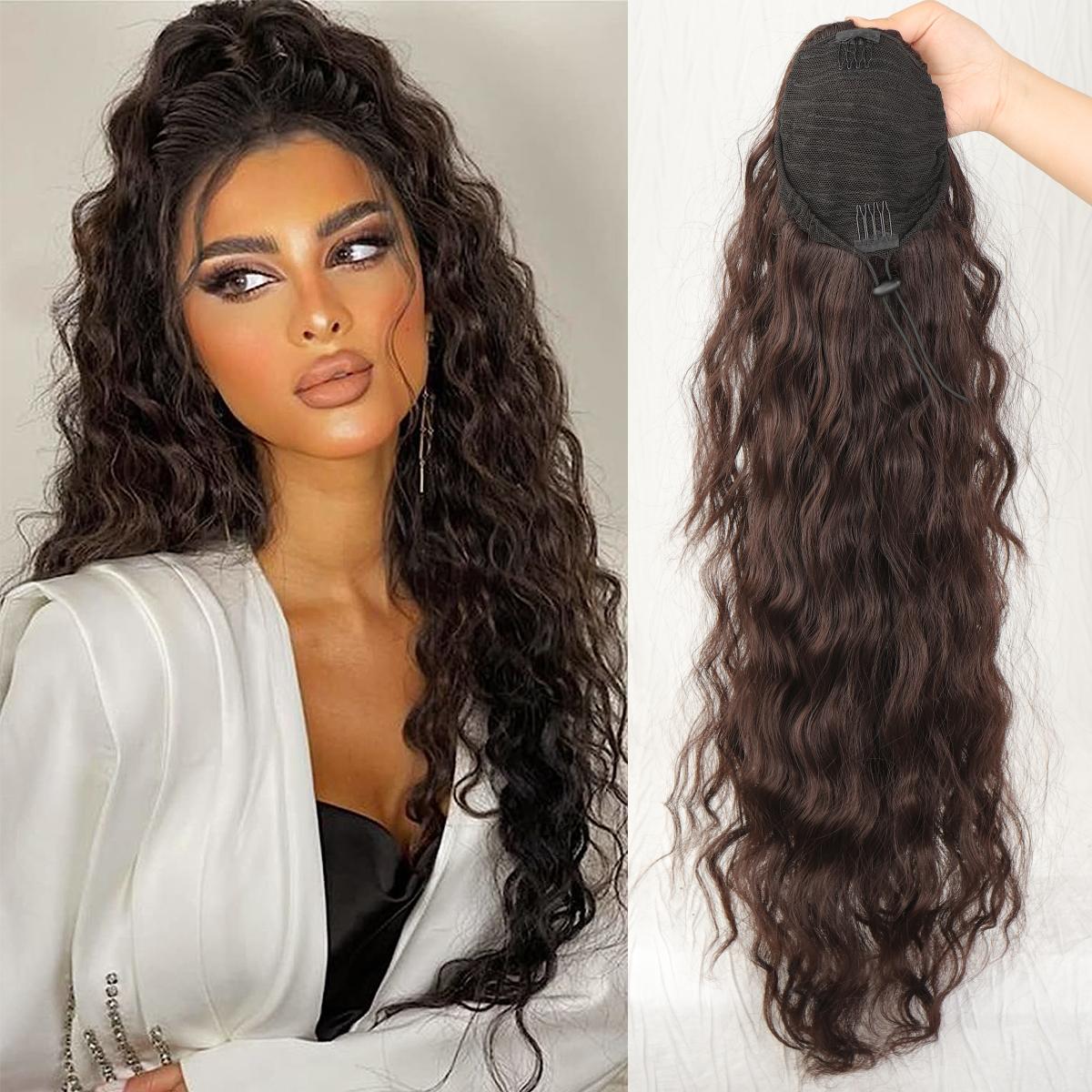 

26-дюймовий синтетичний довгий хвилястий хвилястий хвіст. Хвилястий хвіст. Нарощені хвостики. Кучеряві шиньони, чорно-коричневі.