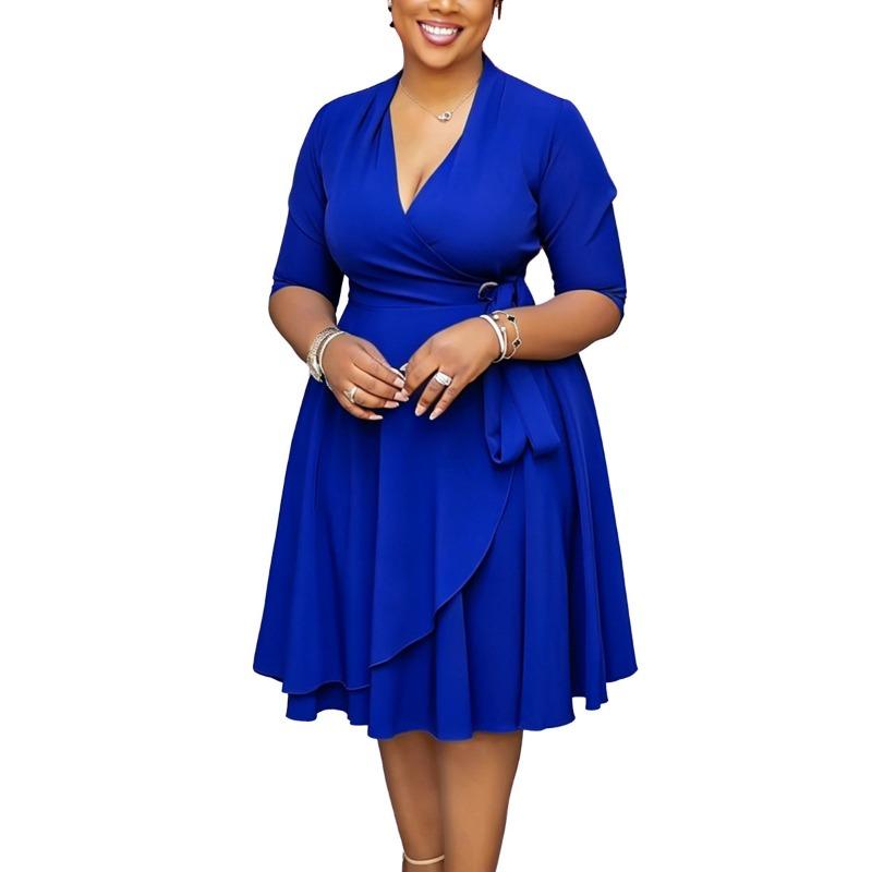 Plus Size Solid Color Tie Waist V Neck Half Sleeve Mid Length Dress