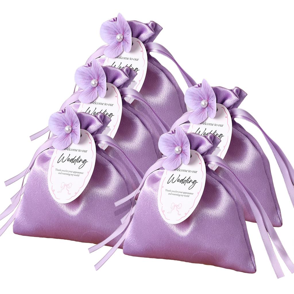 5pcs Exquisite Gift Bags,Solid-Color Satins Drawstring Bag,Flower Bridesmaid Present Candies Bag,Wedding Candies Box For Wedding
