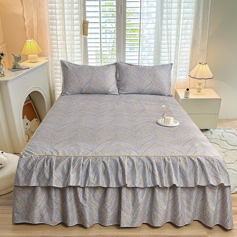 3pcs Modern Korean Floral Bed Skirt Set with Lotus Leaf Embellishments and Princess Floral Pattern, All-Season Brushed Light Beige-Friendly Bedding