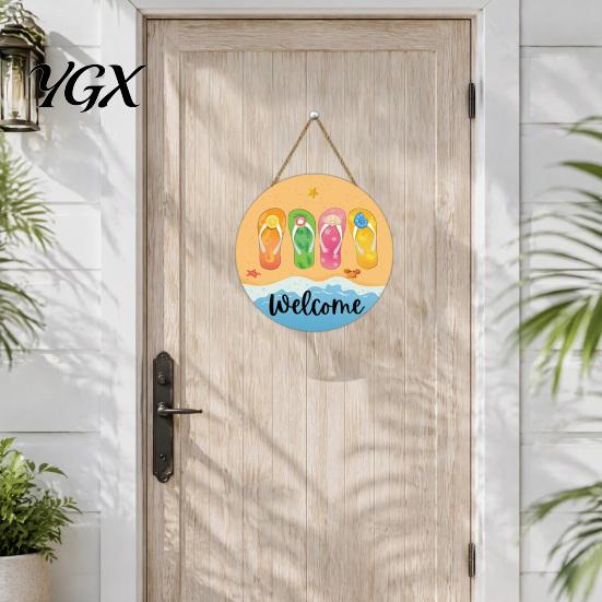 Tropical Wall Decor Hello Summer Door Sign, Ice Pop Flip Flop Welcome Hanger, Party Decoration Farmhouse Hanging Wooden Wreath for Front Home
