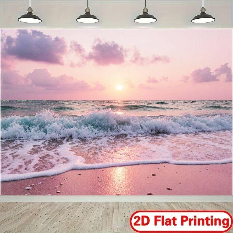 2D plane, 1 piece of beach sunset scene background fabric, with a soft pink-purple sky and rippling ocean waves 100x150cm