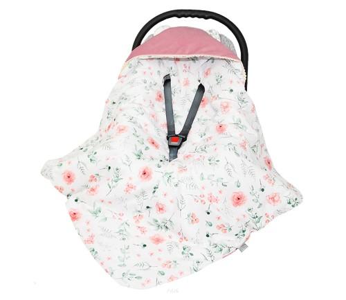 Sleeping bag with hood for car seat, velvet/cotton, 90x90 (pink + eucalyptus)
