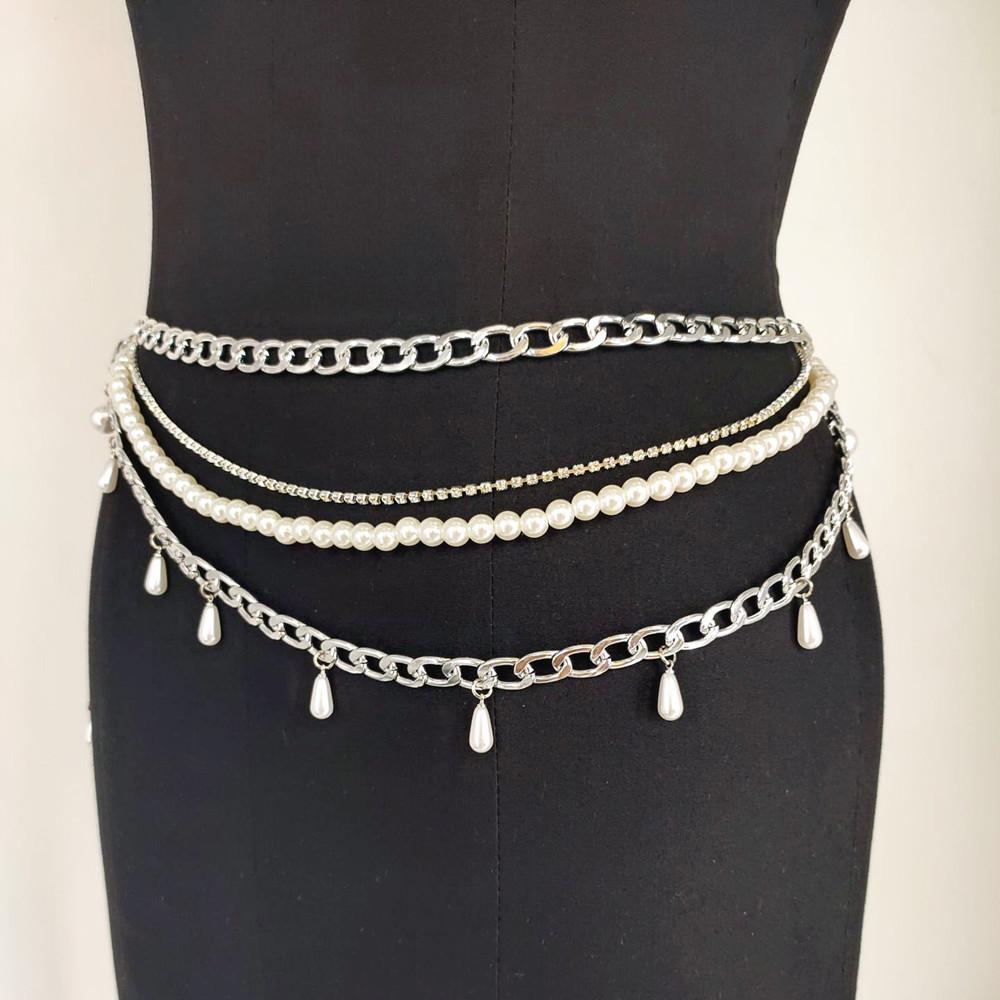 New metal chain imitation pearl multi-layer body chain, temperament versatile claw diamond waist chain women